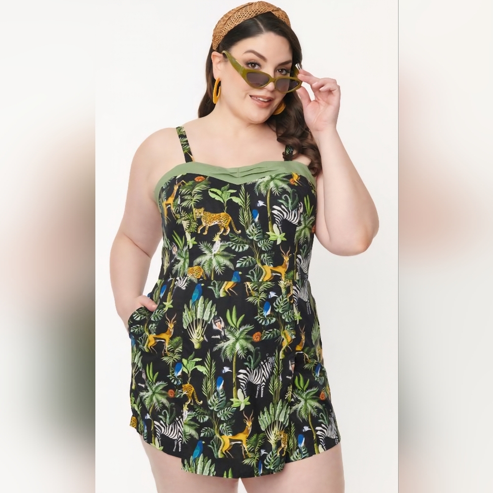 Unique Vintage Black and Green Jungle Print Skirted Dolly Romper (Plus Size)